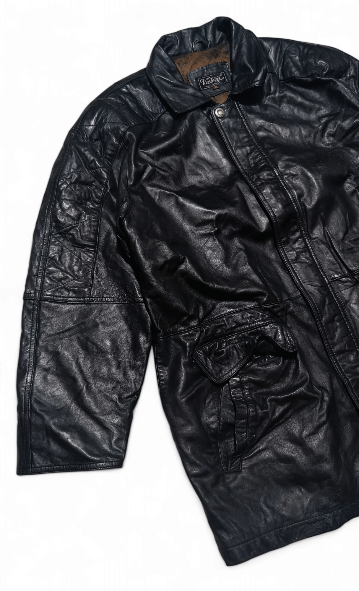 Vintage Vintage Y2K VICTORY Black Genuine Leather Long Coat Jacket Size US XL / EU 56 / 4 - 3 Thumbnail