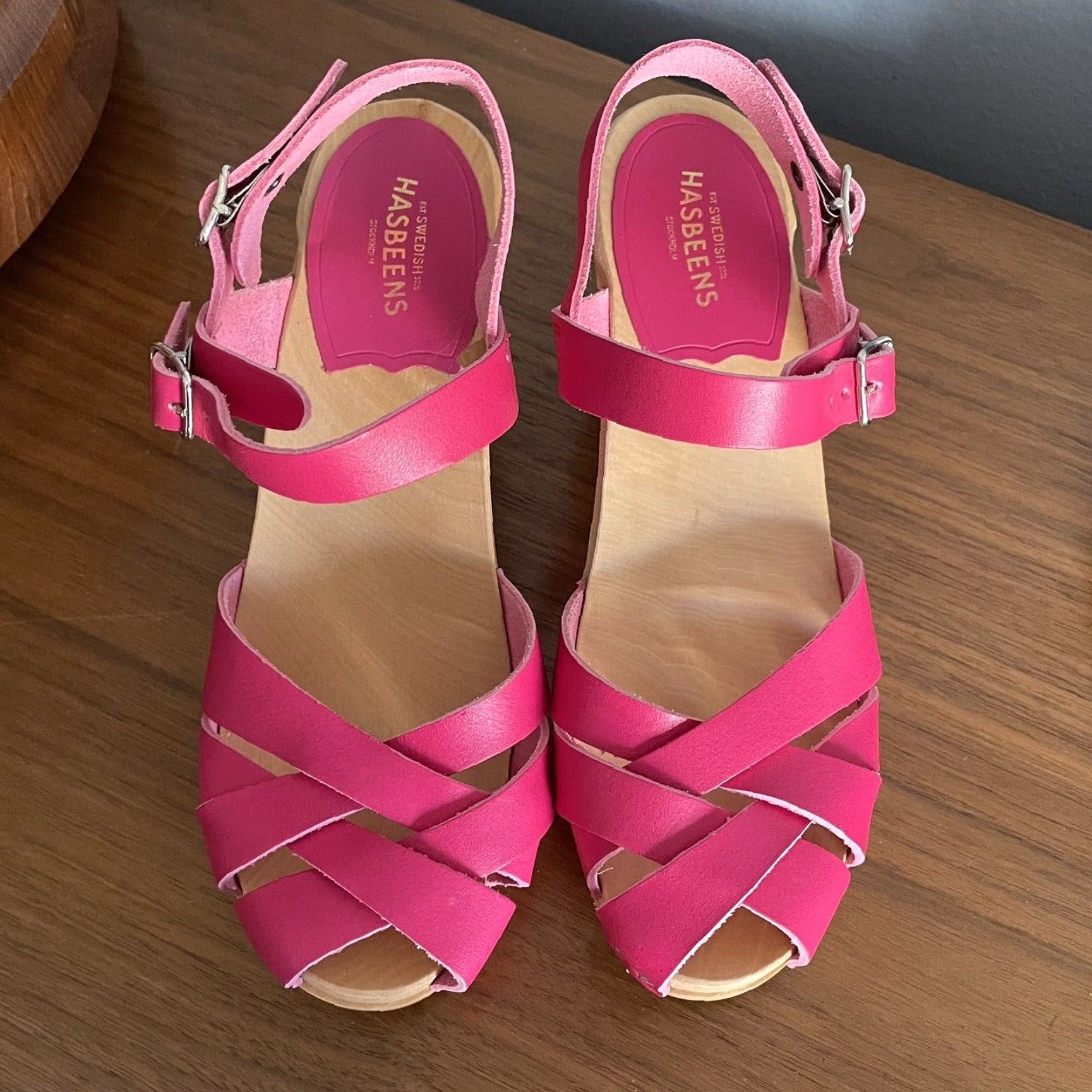 Swedish Hasbeens Swedish Hasbeens Sandal Women Pink Leather Strappy Open Toe Buckle Ankle Strap High Heel 3-3.9in Sz 37 Size US 7 / IT 37 - 3 Thumbnail