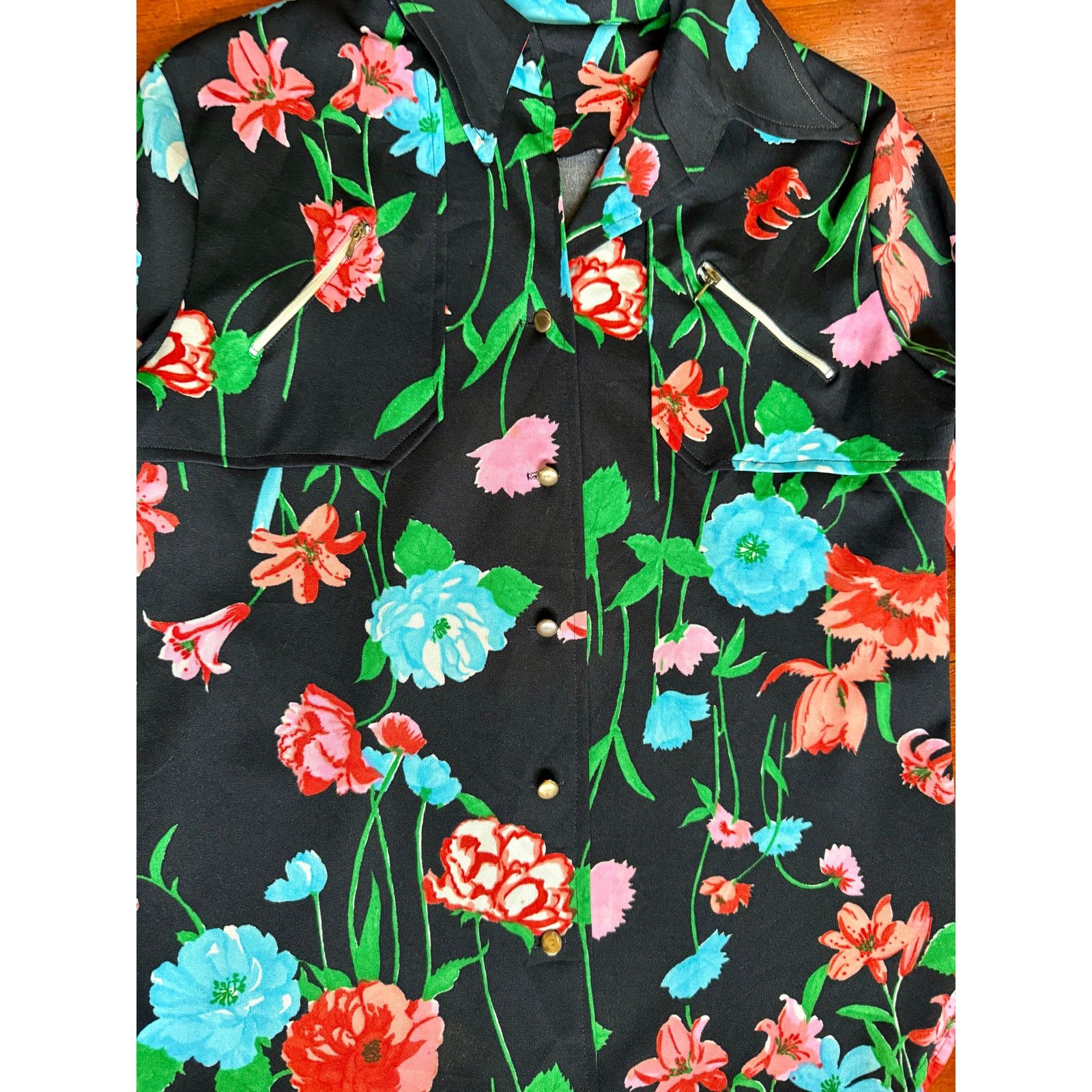 Vintage 70'vs Black Blue floral dagger collar button down blouse Med Size M / US 6-8 / IT 42-44 - 3 Thumbnail