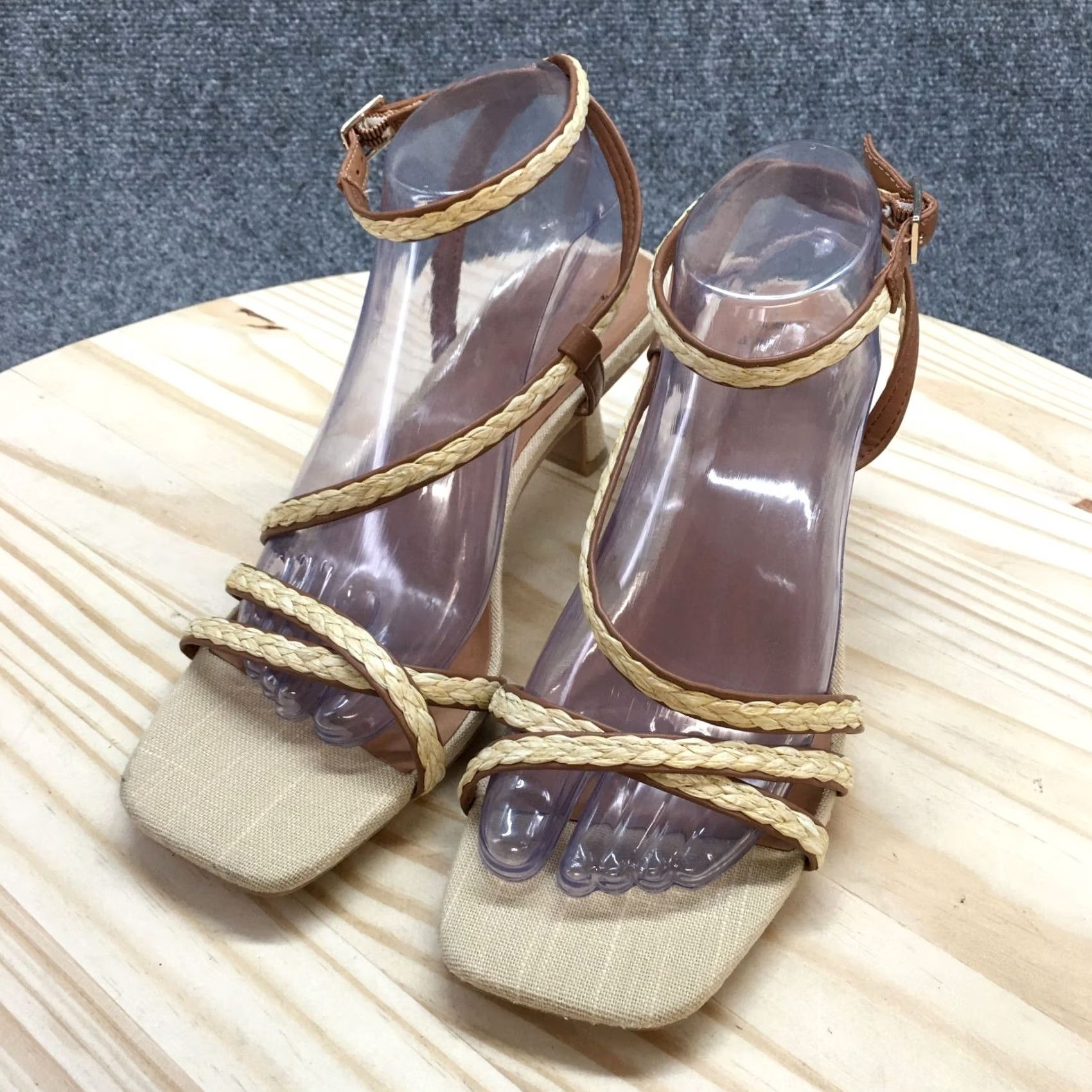 Vintage A New Day Sandals Womens 9.5 Strappy Beige Faux Leather Casual Heels Braided Size US 10 / IT 40 - 3 Thumbnail