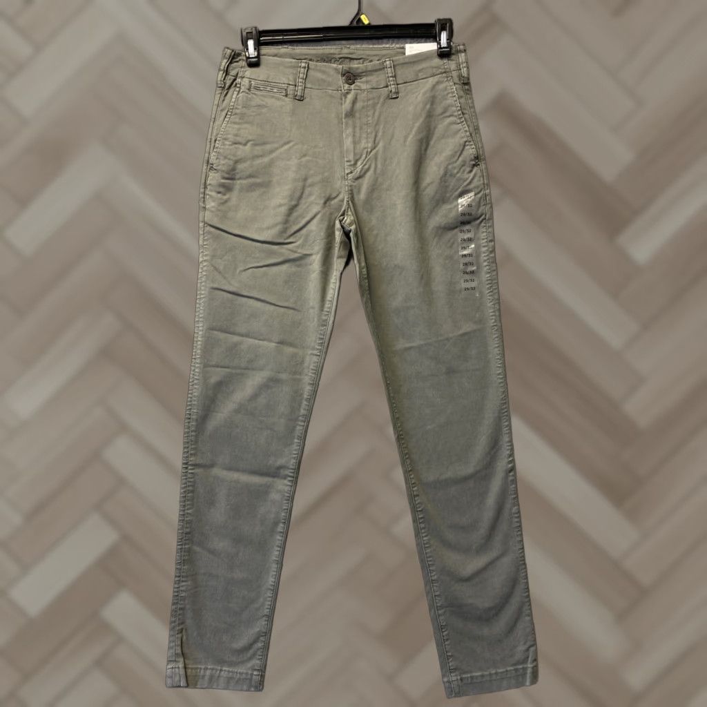 Vintage American Eagle Chino Pants Mens 29x32 Faded Olive Green Flat Front Stretch Regular Khakis Casual Preppy Logo Buttons Zip 62 Size US 29 - 1 Thumbnail