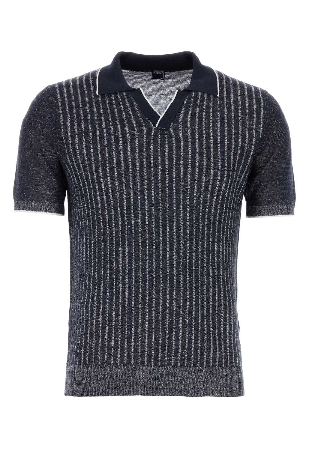 image of Fedeli Midnight Blue Linen Blend Twist Polo Shirt, Men's (Size Medium)