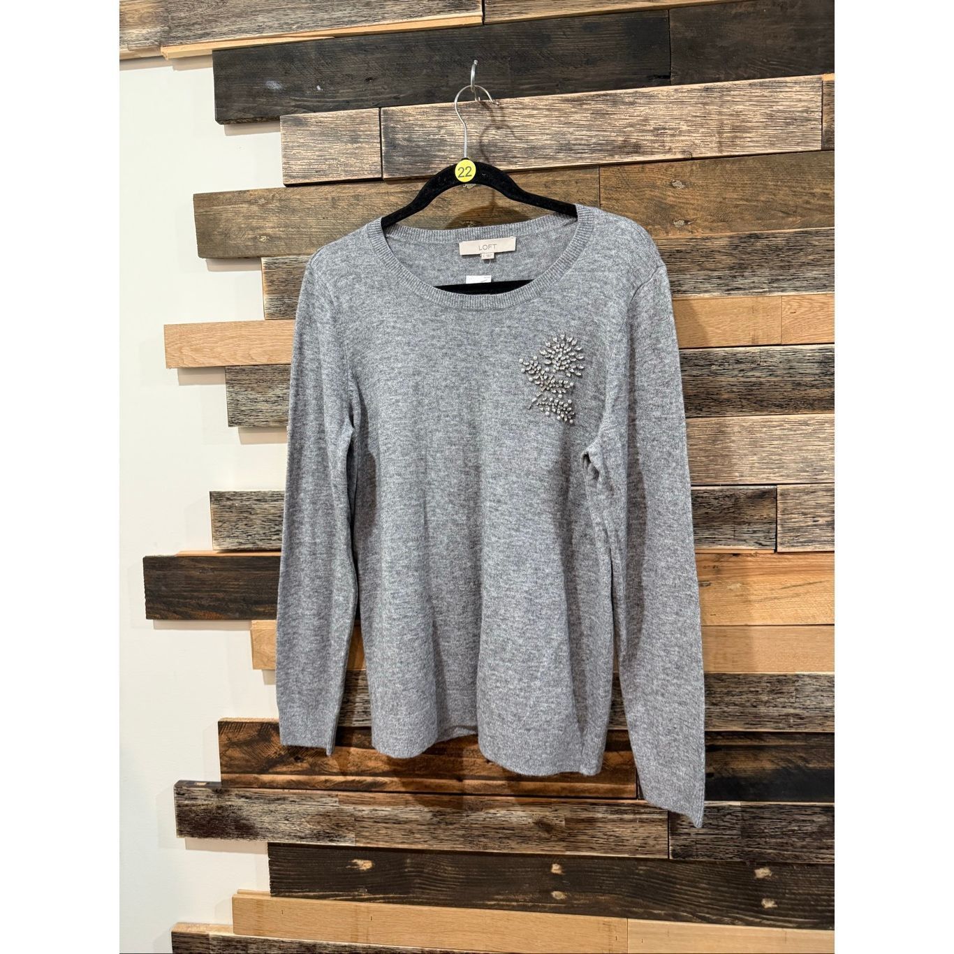 Loft LOFT NWT grey crew neck sweater with a crystal floral embell Size L / US 10 / IT 46 - 2 Thumbnail