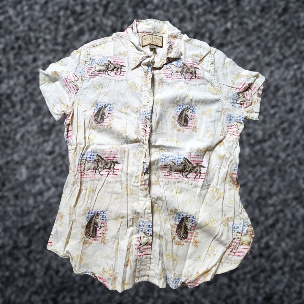 Vintage VINTAGE Bit & Bridle American Flag Button Down Shirt Patriotic Womens XL Beige Cotton Blend Short Sleeve Collared Button-Up Shirts Size XL / US 12-14 / IT 48-50 - 1 Thumbnail
