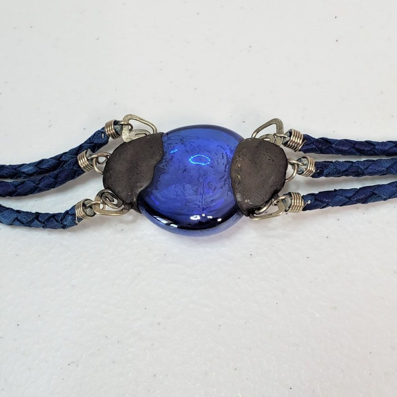 Vintage Handcrafted Cabochon Glass Leather Triple Braid Bracelet Size ONE SIZE - 7 Thumbnail