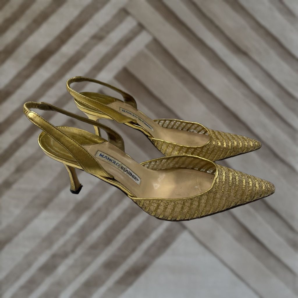 VINTAGE Manolo Blahnik Carolyn Tweed Slingback Pumps Womens Heel 40.5 10.5 Gold Taupe Shoes Tweed Stiletto