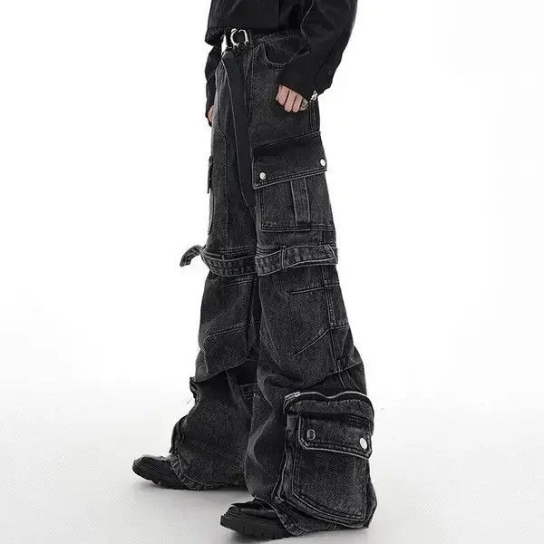 Japanese Brand Washed Multi Pocket Strap Wide Leg Denim Pant Size US 29 - 1 Thumbnail