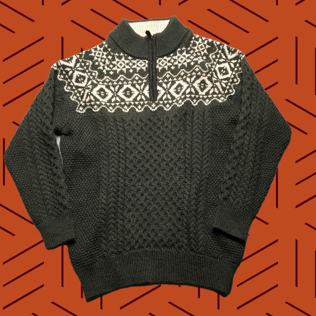 Market Aran Sweater Market Mens Large Green 1/4 Zip Mock Neck Wool Fair Isle Merino Cable-Knit Heavyweight Pullover Sweater Seasonal Fall Winter casual Mens Size US L / EU 52-54 / 3 - 1 Thumbnail