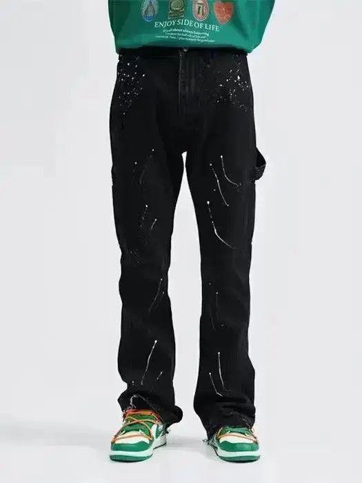 Japanese Brand Paint Splatter Wide Leg Stack Denim Jeans, Flare Size US 32 / EU 48 - 3 Thumbnail