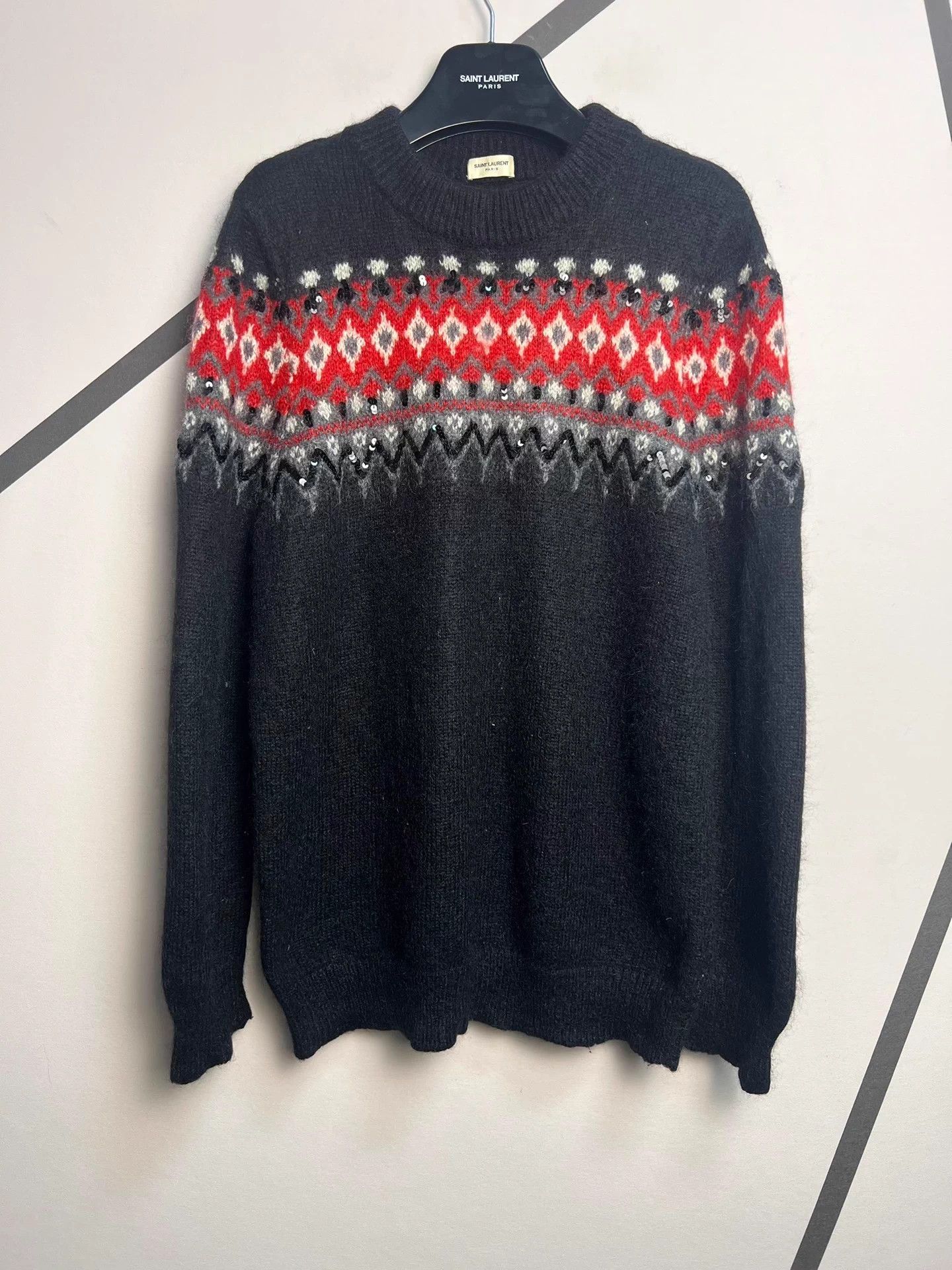 Saint Laurent Paris Saint Laurent Red Scale Diamond Pattern Wool Sweater Size US XL / EU 56 / 4 - 1 Thumbnail