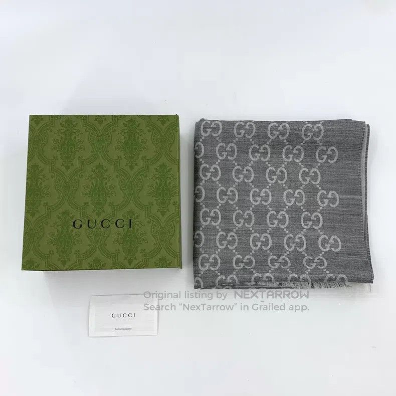 Gucci Gucci Gray logo jacquard full printed wool tassel scarf Size ONE SIZE - 9 Thumbnail