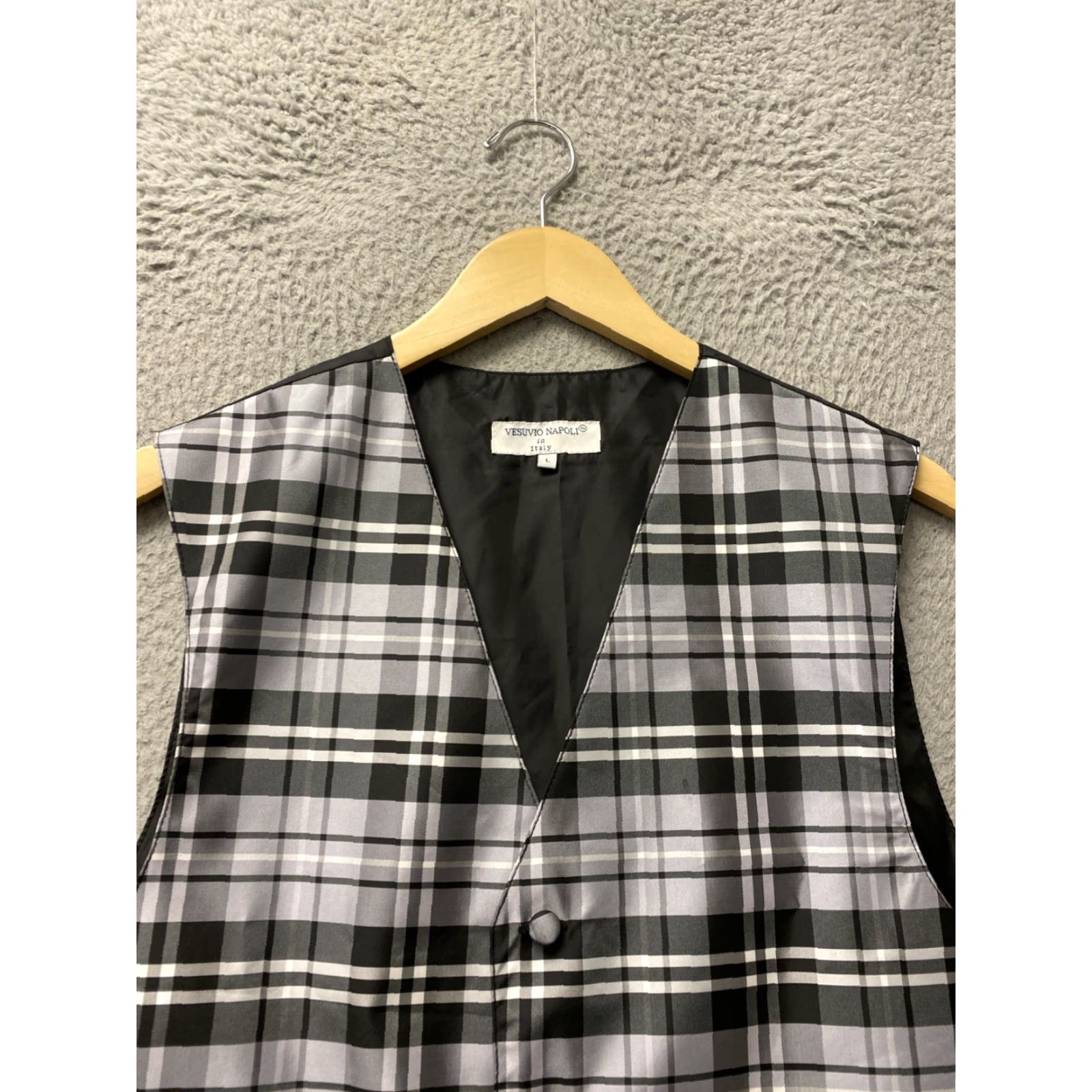 Vintage VINTAGE Vesuvio Napoli Men's Dress Vest Satin Plaid Checkered Microfiber Formal Wedding Prom Cocktails L Gray Size 42R - 2 Thumbnail