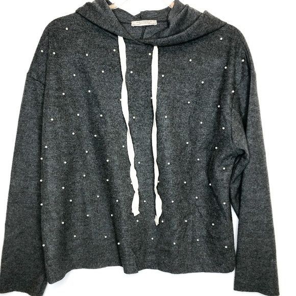 Zara Zara Trafaluc Charcoal Grey Pearl Detail Hoodie Sweatshirt Size S / US 4 / IT 40 - 2 Thumbnail
