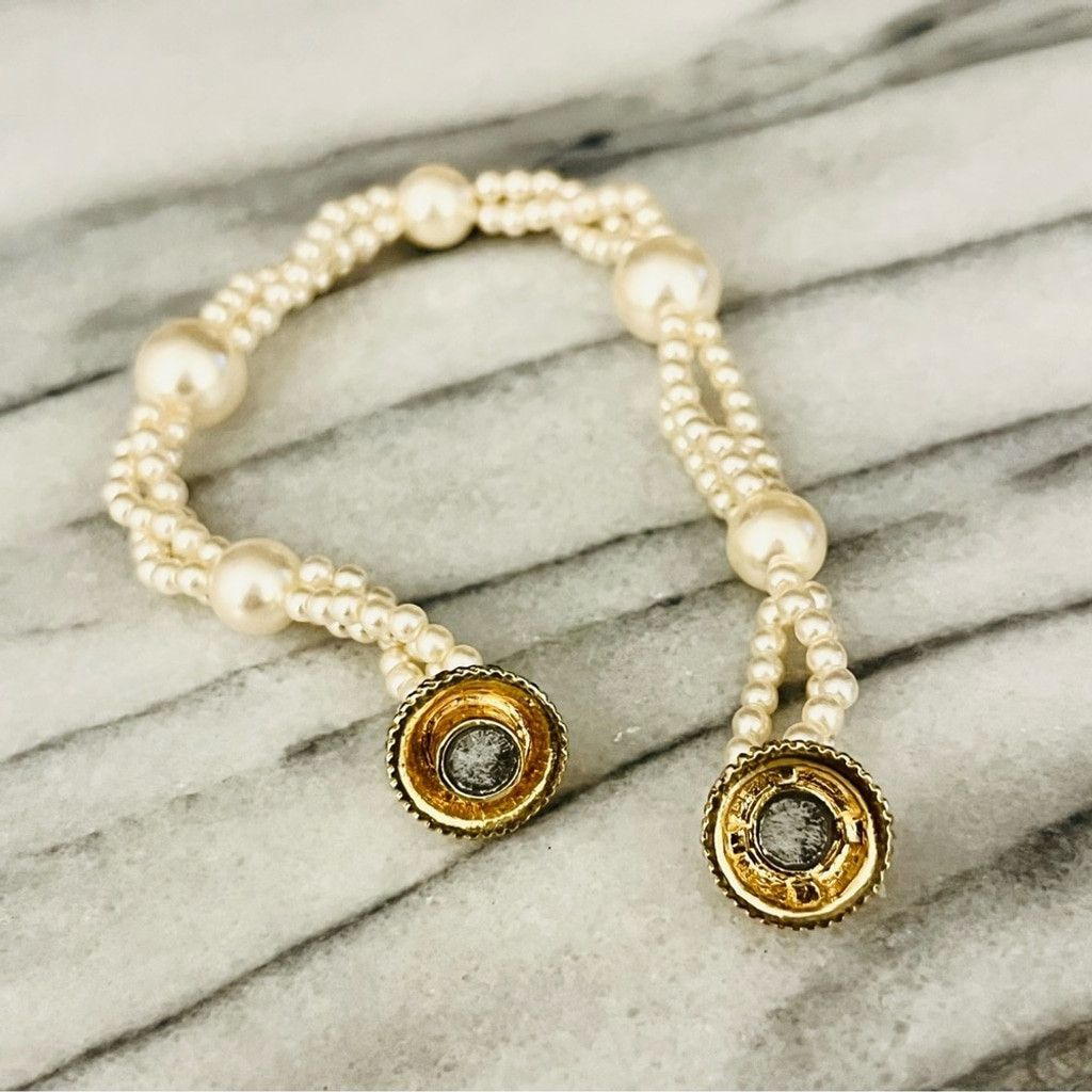 Vintage Vintage Faux Pearl Beaded Bracelet Ornate Gold Pave Crystal Size ONE SIZE - 4 Thumbnail