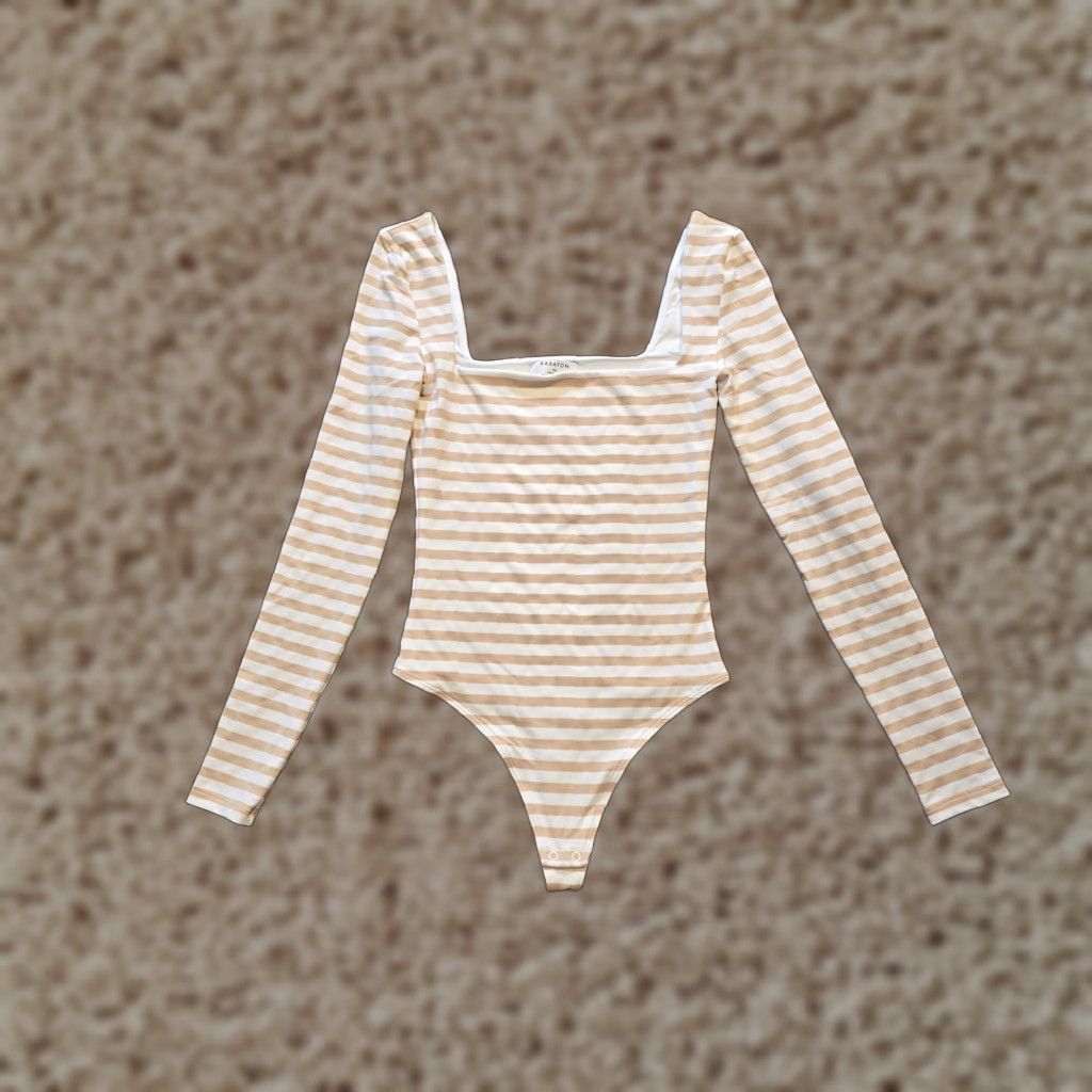 Aritzia Aritzia Babaton Bodysuit Womens XS Beige White Striped Long Sleeve Square Neck Casual Shirt Size XS / US 0-2 / IT 36-38 - 1 Thumbnail