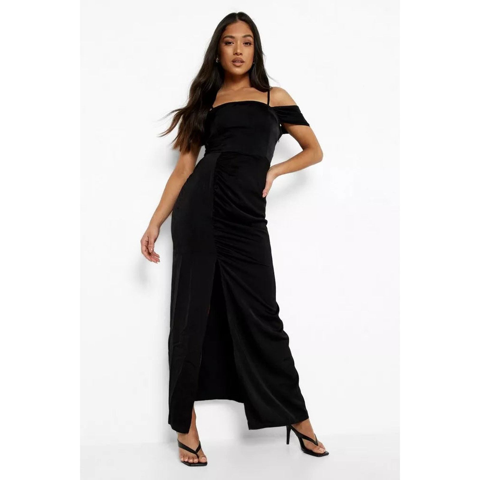 Boohoo Boohoo Black Off Shoulder Draped Satin High Slit Maxi Dress