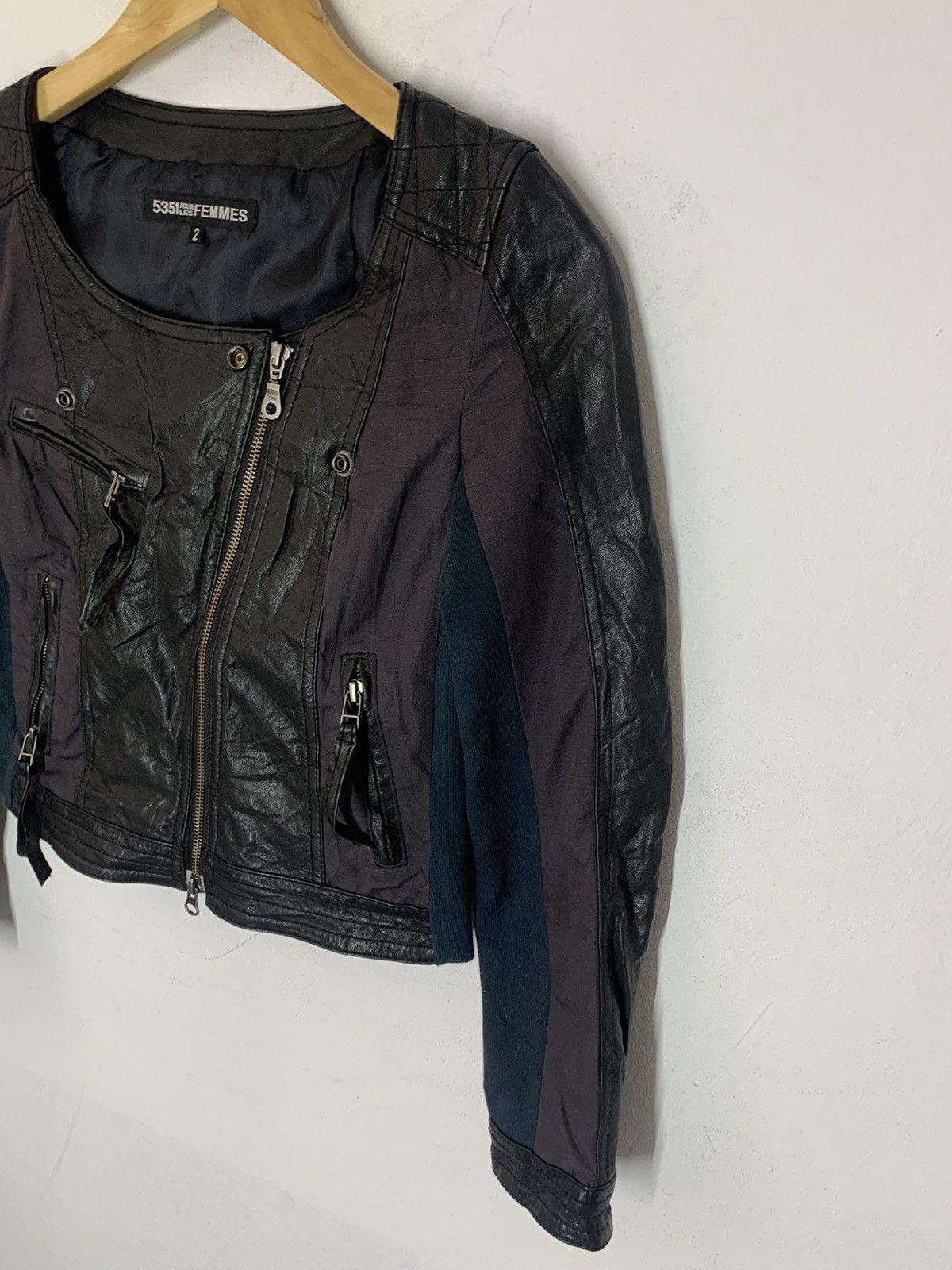 5351 POUR LES HOMMES × Japanese Brand 5351 Pour Les Femmes Cropped Leather Hybrid Jacket Size XS / US 0-2 / IT 36-38 - 4 Thumbnail