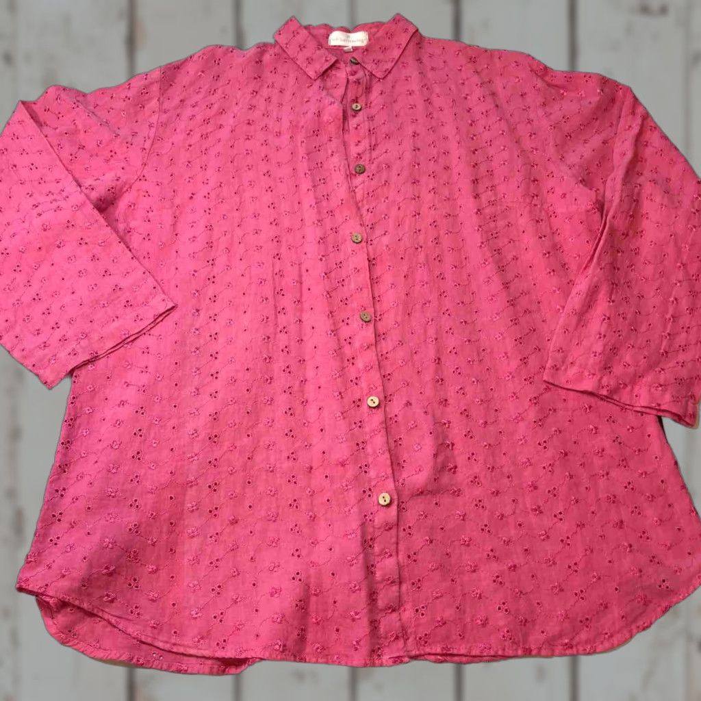 Soft Surroundings Soft Surroundings Shirt Women L Pink Linen Button-Up Collared Embroidered Flower Cut Outs Size L / US 10 / IT 46 - 1 Thumbnail
