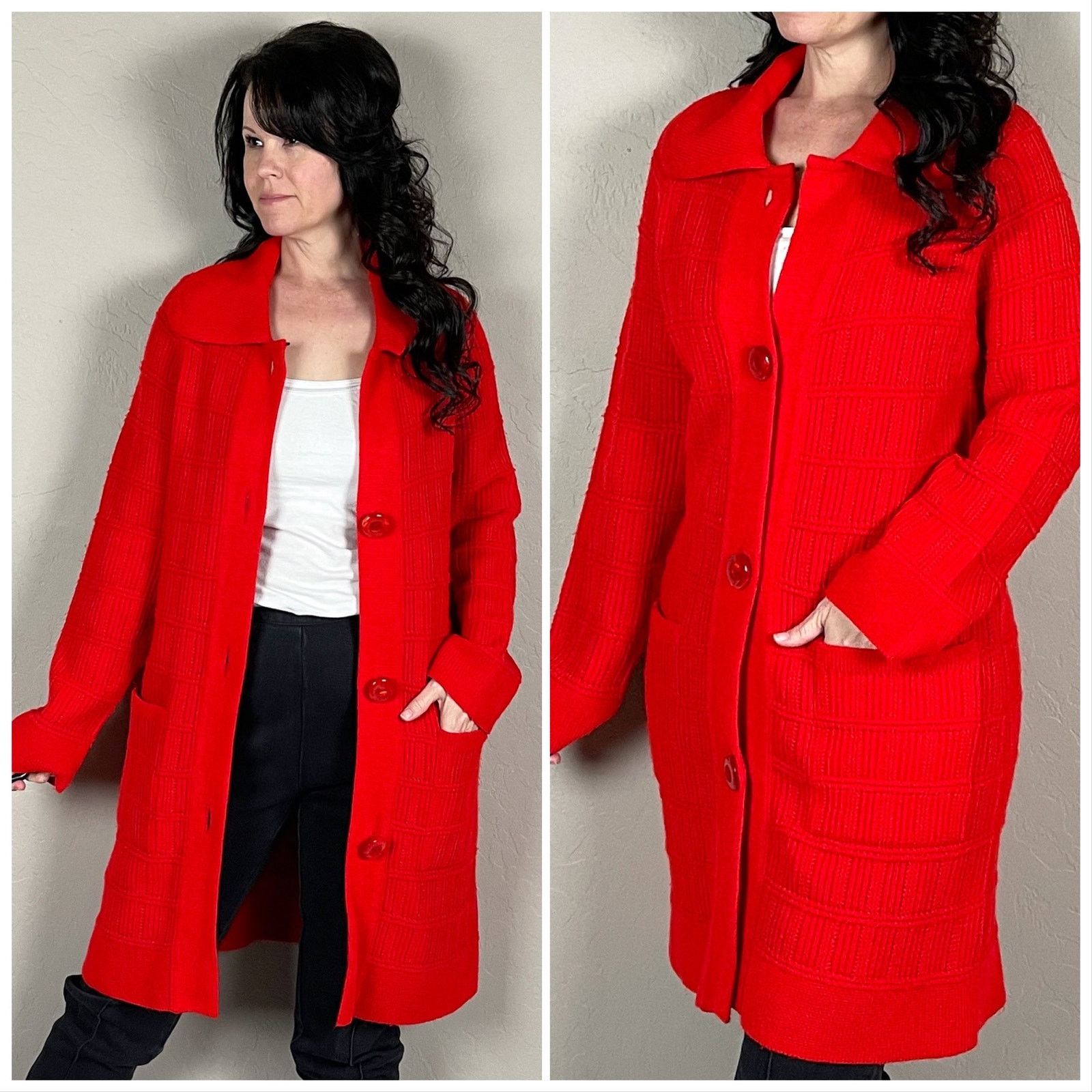 Vintage Vintage 1970s Red Chunky Knit Duster Cardigan Sweater Size M / US 6-8 / IT 42-44 - 1 Thumbnail