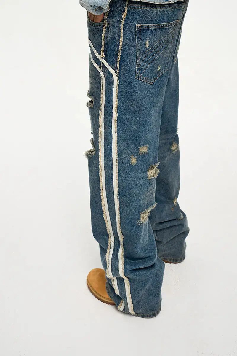 Japanese Brand × Jean Stripe Track Baggy Distressed Denim Jeans, Ripped Jeans Size US 34 / EU 50 - 5 Thumbnail
