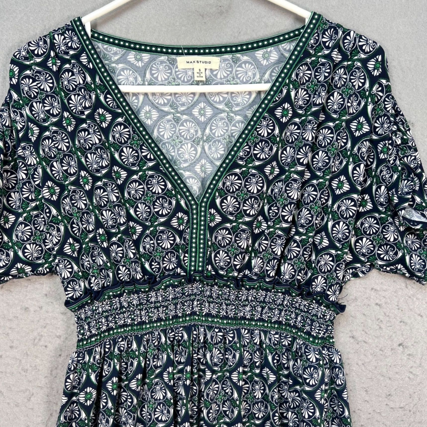 Vintage Max Studio Womens Small Green & White Printed Empire Waist Midi Dress - Sleeveless, V-Neck, A-Line, Polyester, Green, Gap? Size S / US 4 / IT 40 - 5 Thumbnail