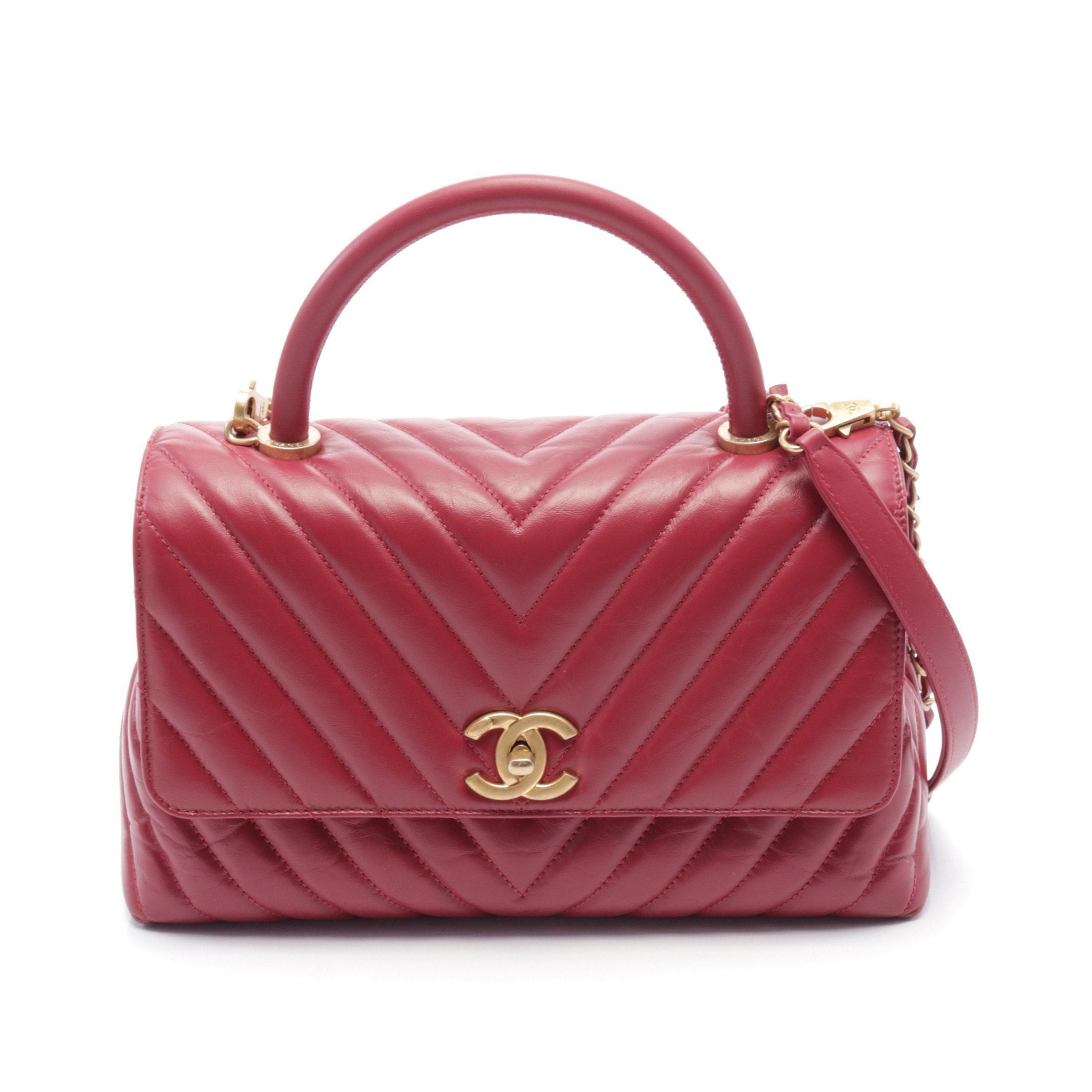 Chanel Coco Handle 29 Top Flap Chevron V-Stitch Handbag Leather Red Gold Hardware