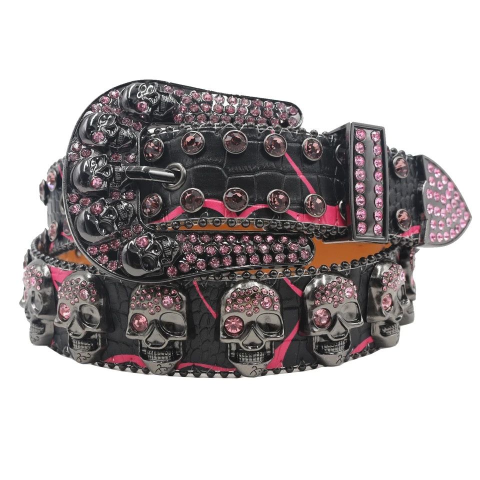 Japanese Brand Skull Rhinestone Belt Western Shiny Rivet Size 32 - 2 Thumbnail
