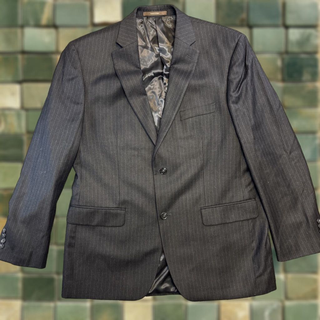 Tasso Elba Tasso Elba Mens Blazer Jacket Navy pinstripe 42R 36W Wool Cashmere Blend Geometric 2-Button Single-Breasted Jacket Mens Regular Blue Size 42R - 1 Thumbnail