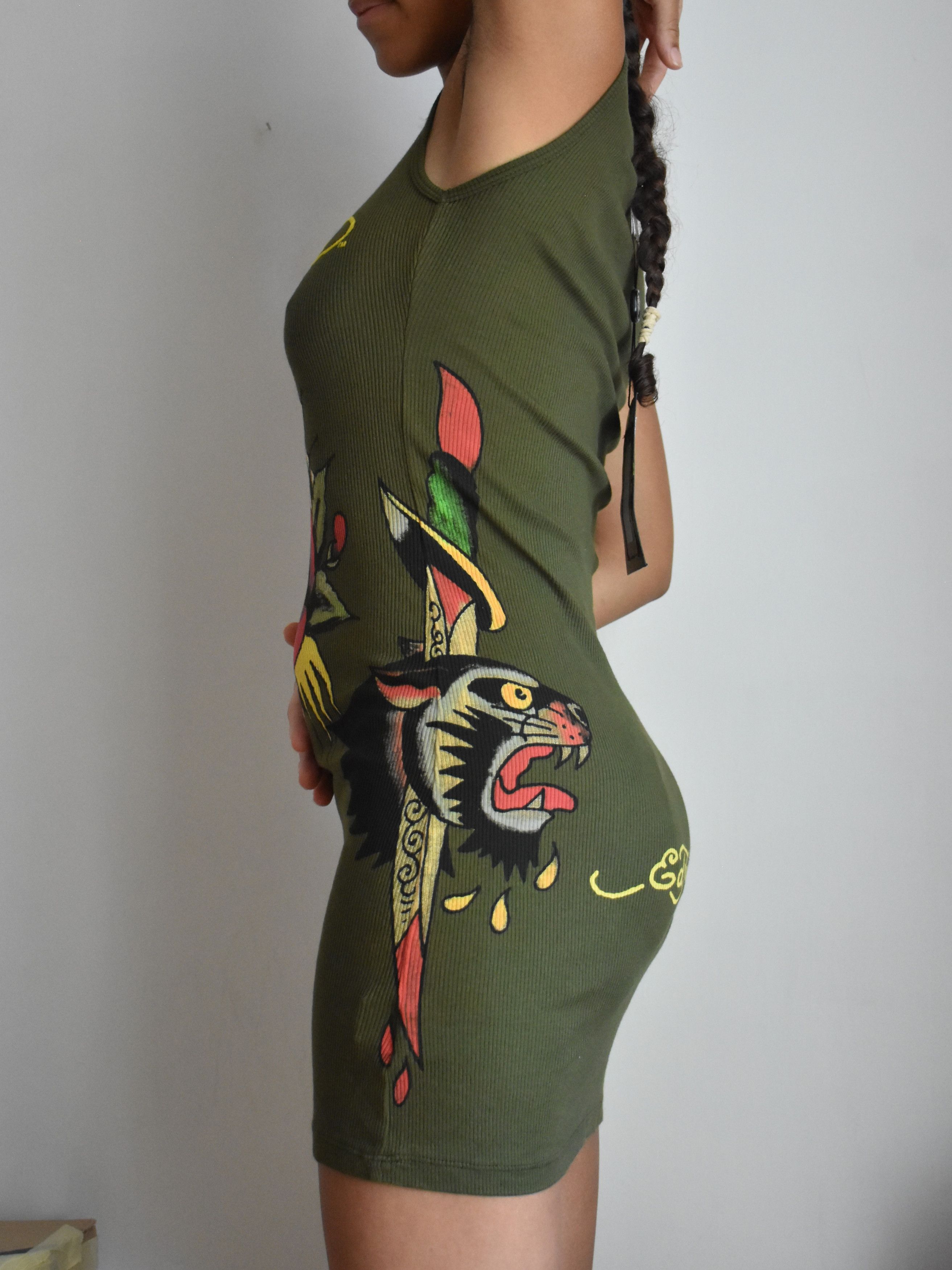 green emerald velvet dress Y2K ED HARDY Green Graphic Mini Dress (M)