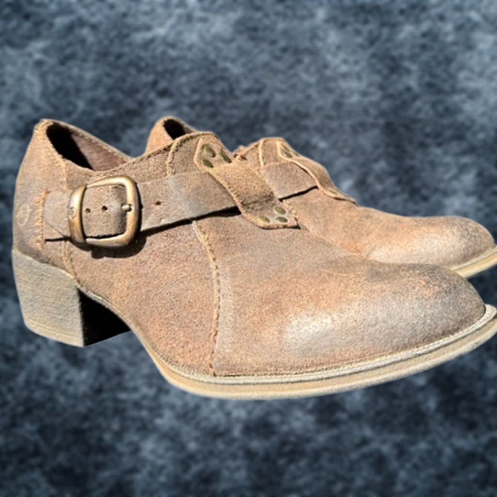 Born Born Brown Leather Ankle Boots Block Heel 6.5 Bootie Women Rustic Earthy Buckle Distressed Size US 7 / IT 37 - 1 Thumbnail