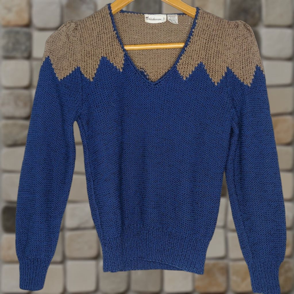 Vintage VINTAGE Weathervane Sweater Regular Women Long Sleeve V-Neck Pullover Geometric Teal Brown 1980s Retro Size S / US 4 / IT 40 - 1 Thumbnail