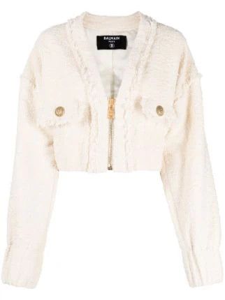 o1srvl11e0524 Tweed zip-up Jacket in White