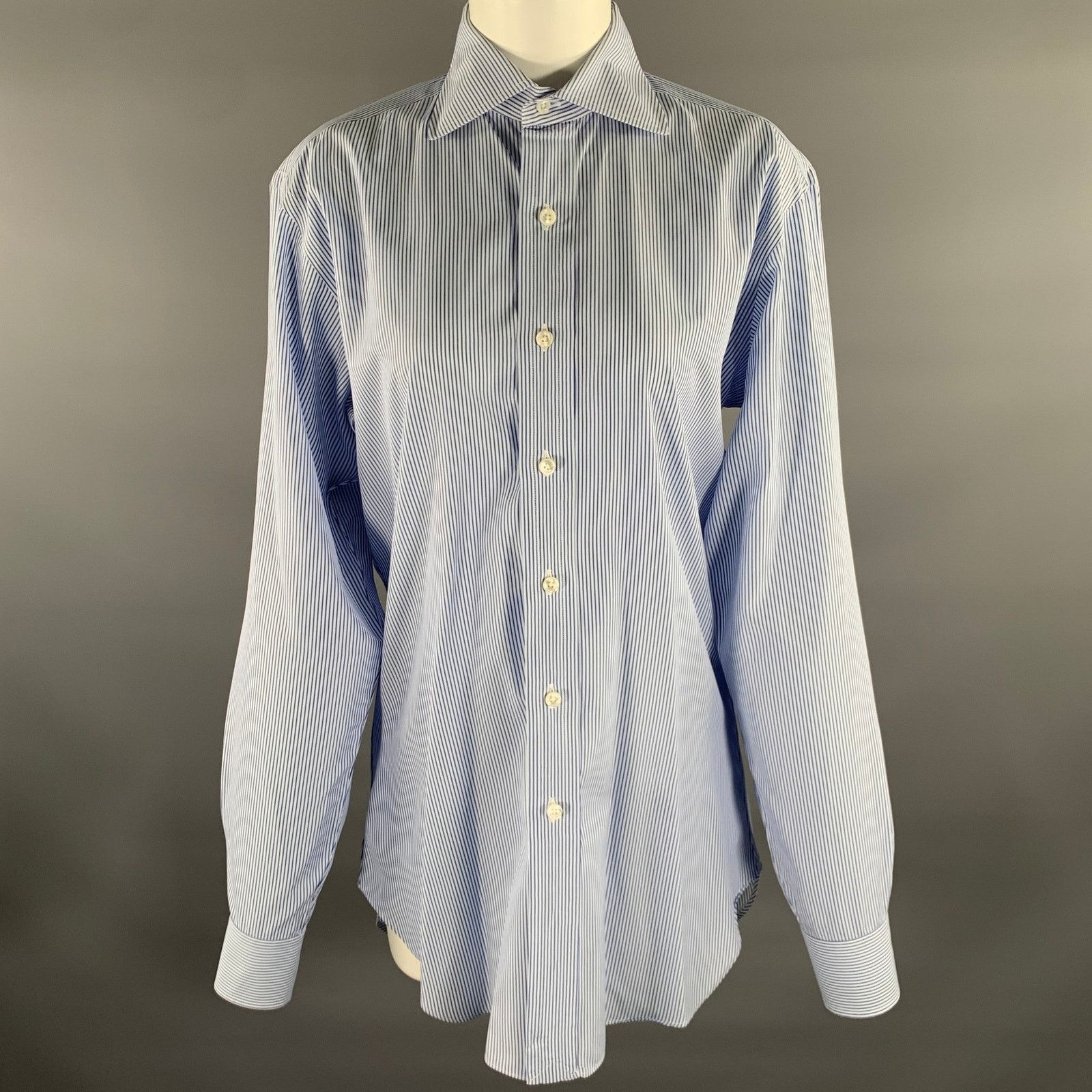 Hamilton S Blue Stripe Cotton Spread Collar Long Sleeve Shirt Size US S / EU 44-46 / 1 - 1 Thumbnail
