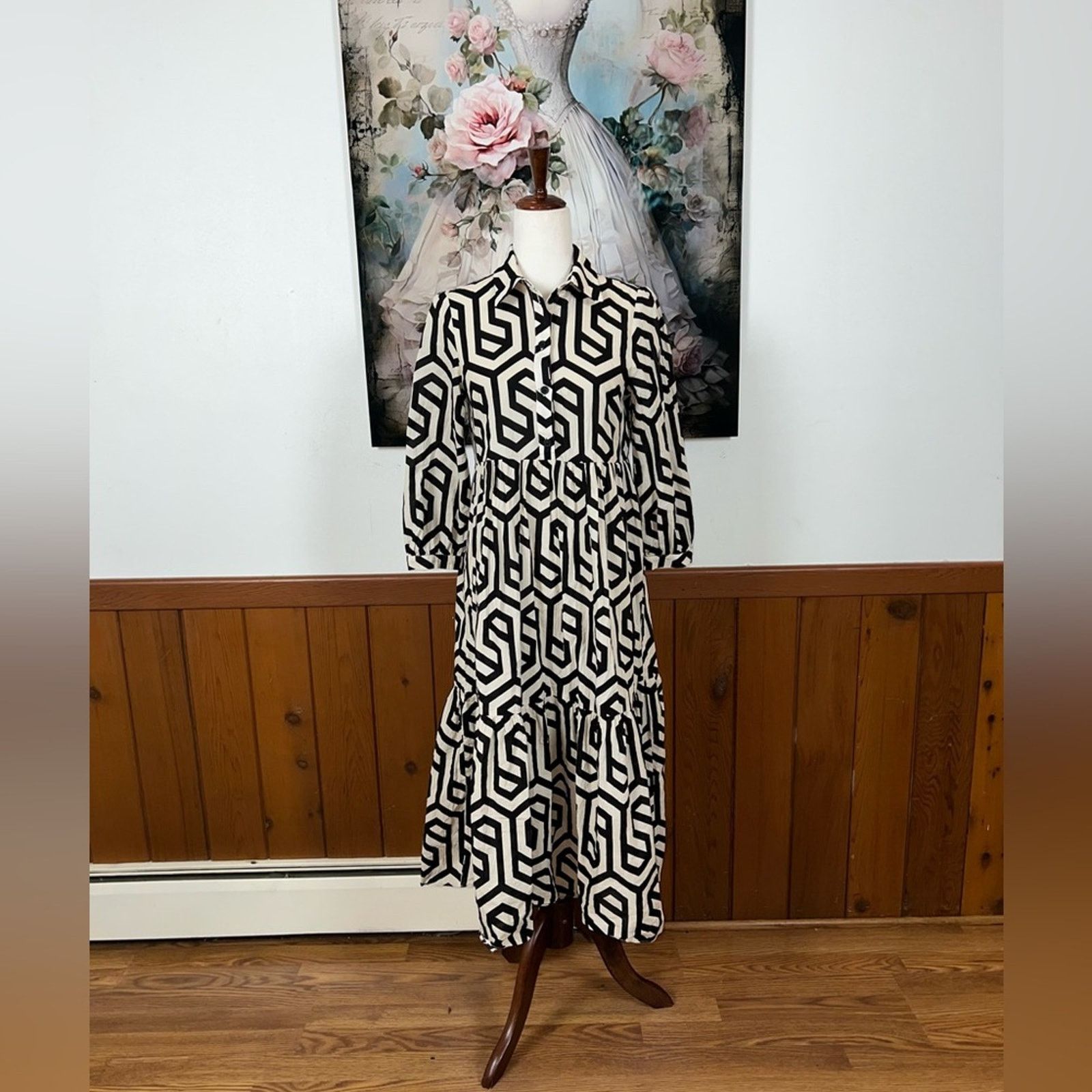 Zara New Zara Monochrome Poplin Cotton Geometric Pattern Dress! Size XS / US 0-2 / IT 36-38 - 2 Thumbnail