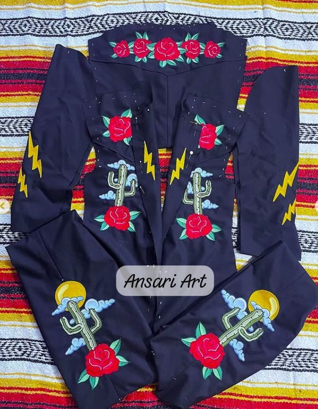 Other Men Black 2Pc Customized Floral Cactus Embroidered Outfit Size 44L - 3 Thumbnail