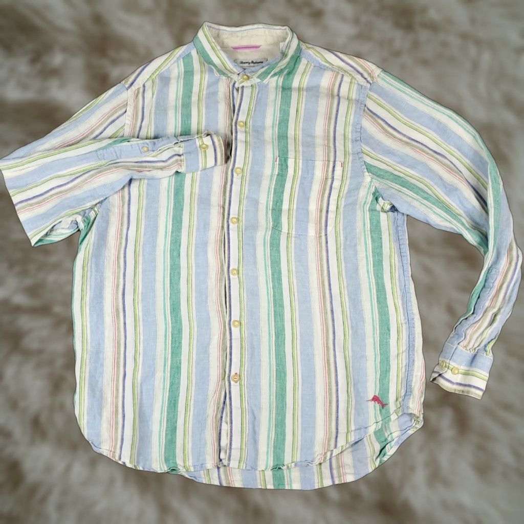 Tommy Bahama Tommy Bahama Shirt Mens Large Blue Striped Linen Button Up Long Sleeve Size US L / EU 52-54 / 3 - 1 Thumbnail