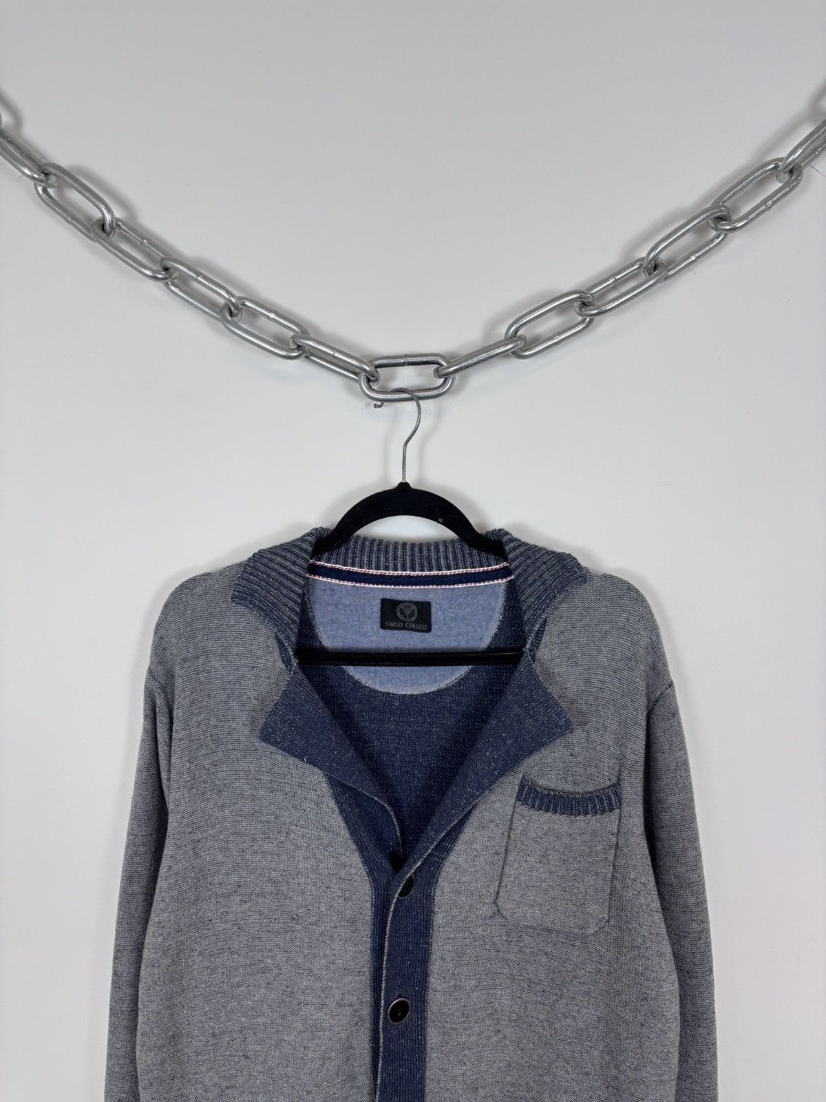 Carlo Colucci Carlo Colucci Men’s Grey/Navy Pocket Cotton Cardigan Sweater Size US L / EU 52-54 / 3 - 2 Thumbnail
