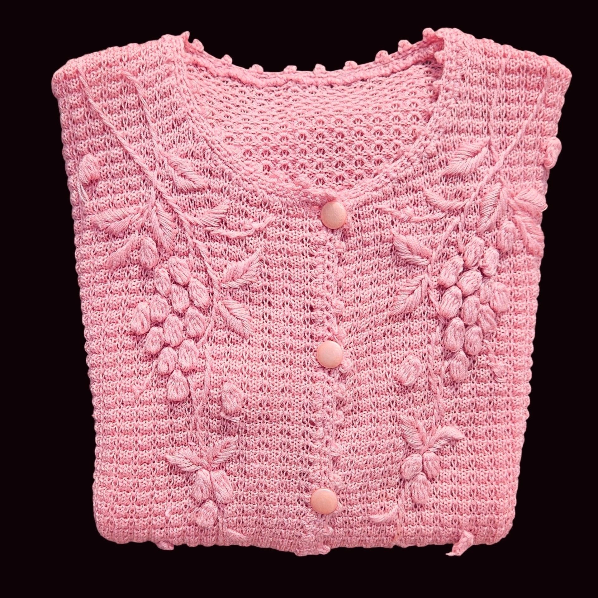 Vintage Vintage 70s Japanese Pastel Pink Lace Knit Floral Cardigan T Size M / US 6-8 / IT 42-44 - 2 Thumbnail