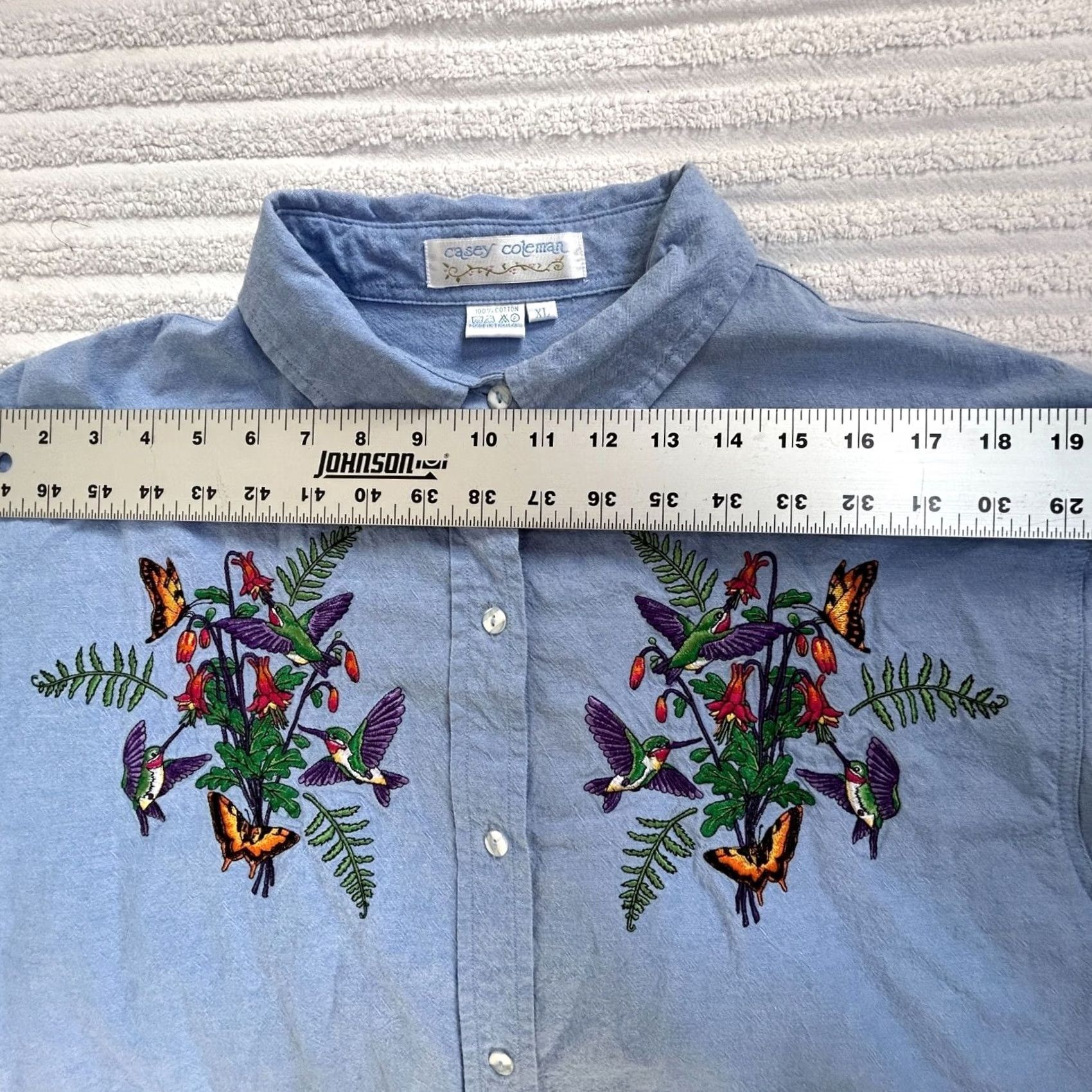 Vintage Casey Coleman Womens Button-Up Shirt Top XL Blue Floral & Butterfly Embroidered Long Sleeve Tunic Shirt Womens Size XL / US 12-14 / IT 48-50 - 5 Thumbnail