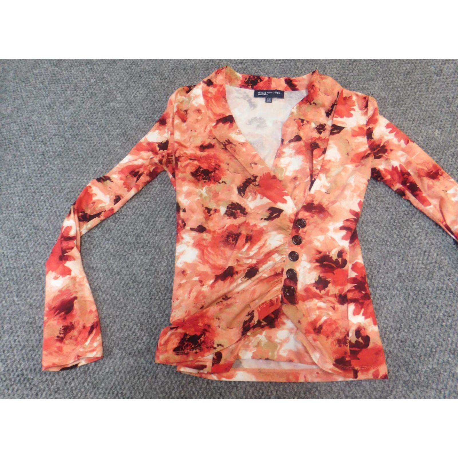 Jones New York Jones New York Womens Blouse Small orange floral Button Pullover V-Neck Cap Sleeve Casual Stretch Regular Polyester Rayon Vintage No Size S / US 4 / IT 40 - 3 Thumbnail