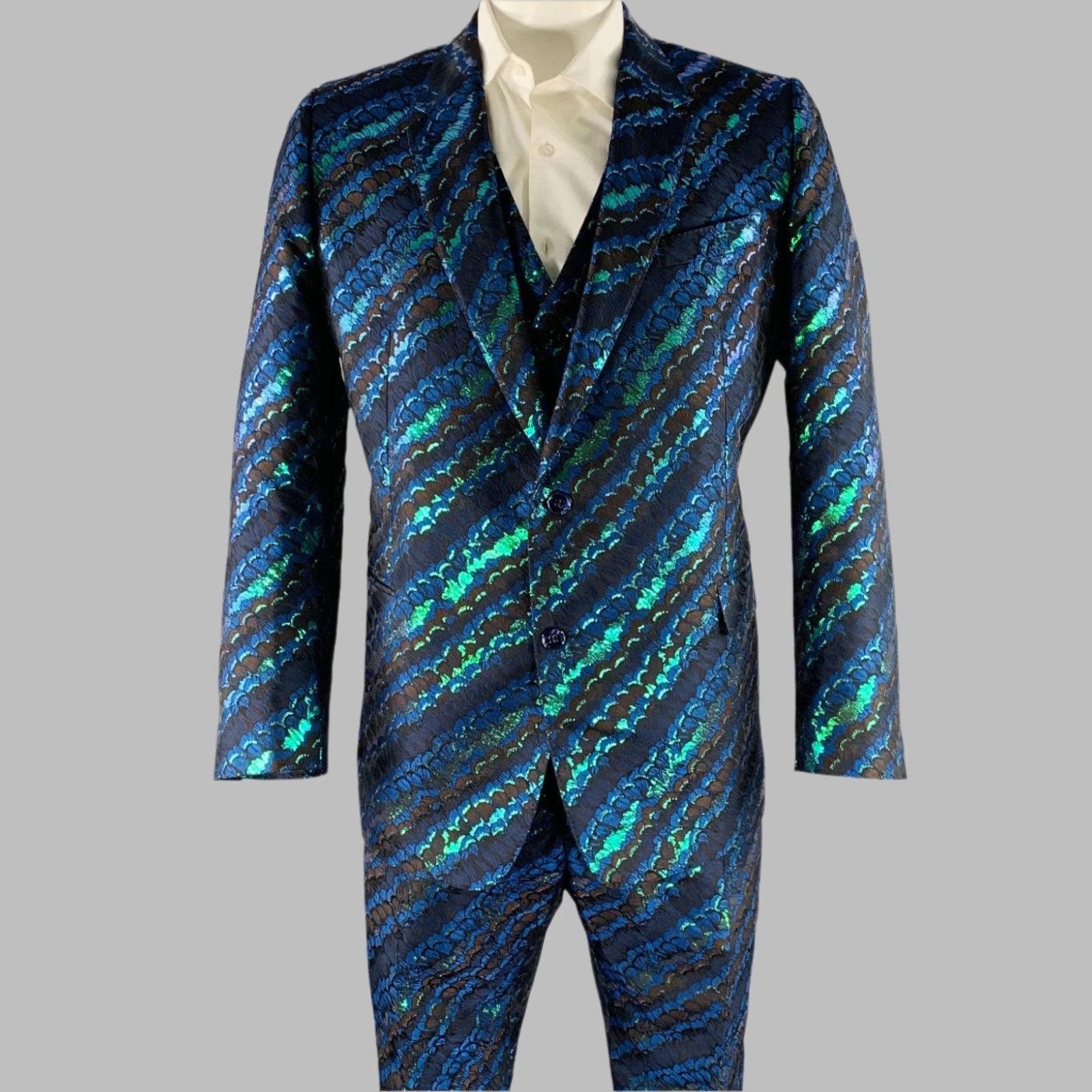 Dolce & Gabbana Size 44 Black Green Blue Jacquard Polyester Suit Size 44R - 1 Thumbnail