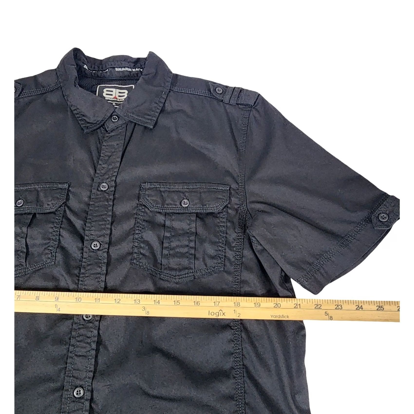 Vintage Benjamin Black Mens XL Black Short Sleeve Button-Up Shirt Utility Chest Pockets Epaulettes Straps Casual Workwear Size US XL / EU 56 / 4 - 6 Thumbnail