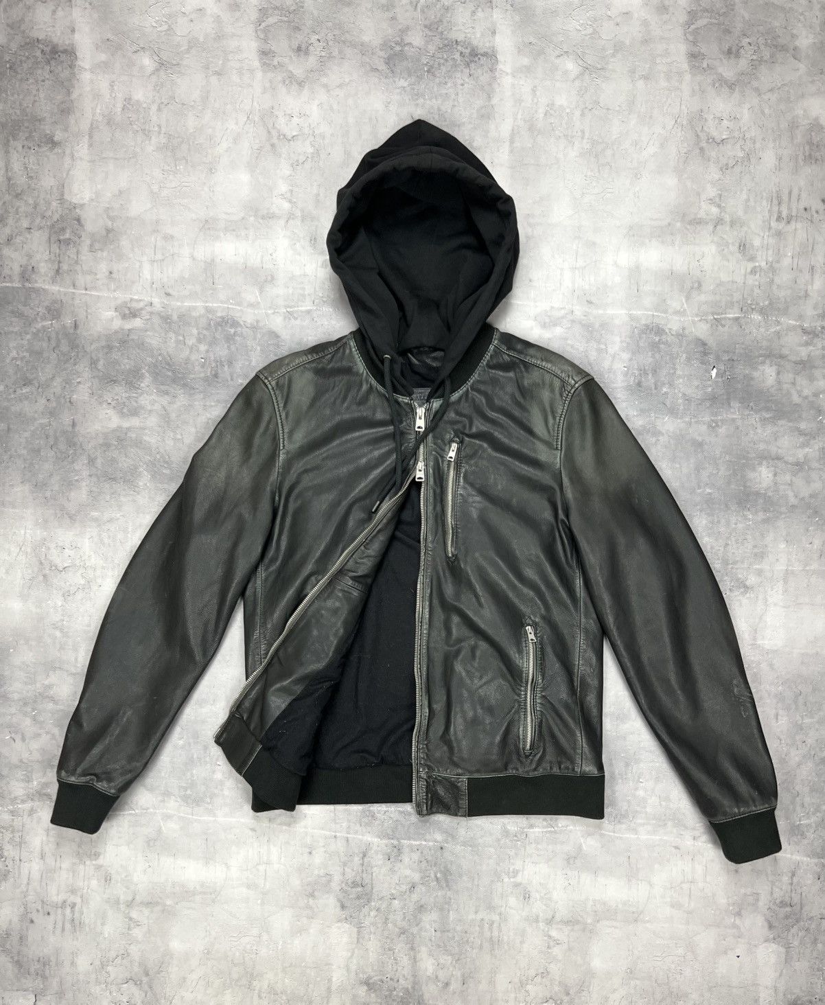 Allsaints ALL SAINTS Leather Jacket Black Biker Bomber Hooded ABBOT L Size US L / EU 52-54 / 3 - 2 Thumbnail