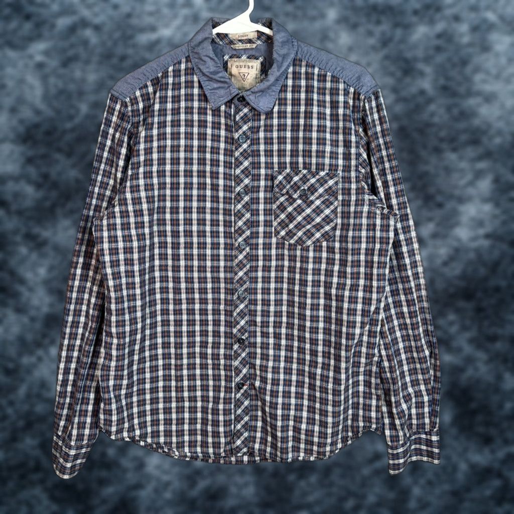 Guess VINTAGE GUESS Logan Mens Plaid Long Sleeve Shirt Regular Fit Size M Blue Cotton Button-Up Shirt Mens Size US M / EU 48-50 / 2 - 1 Thumbnail