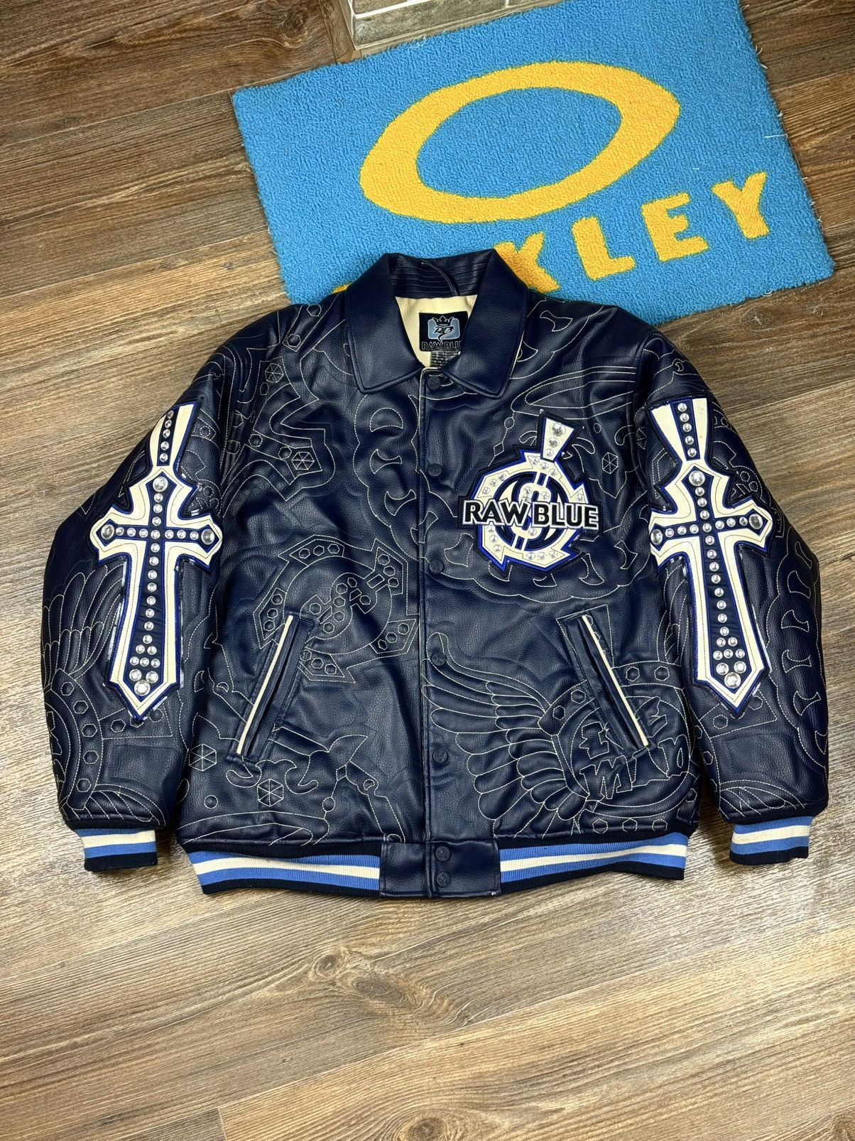 JNCO Raw Blue Ice Man Leather Varsity Jacket Size L Size US L / EU 52-54 / 3 - 3 Thumbnail