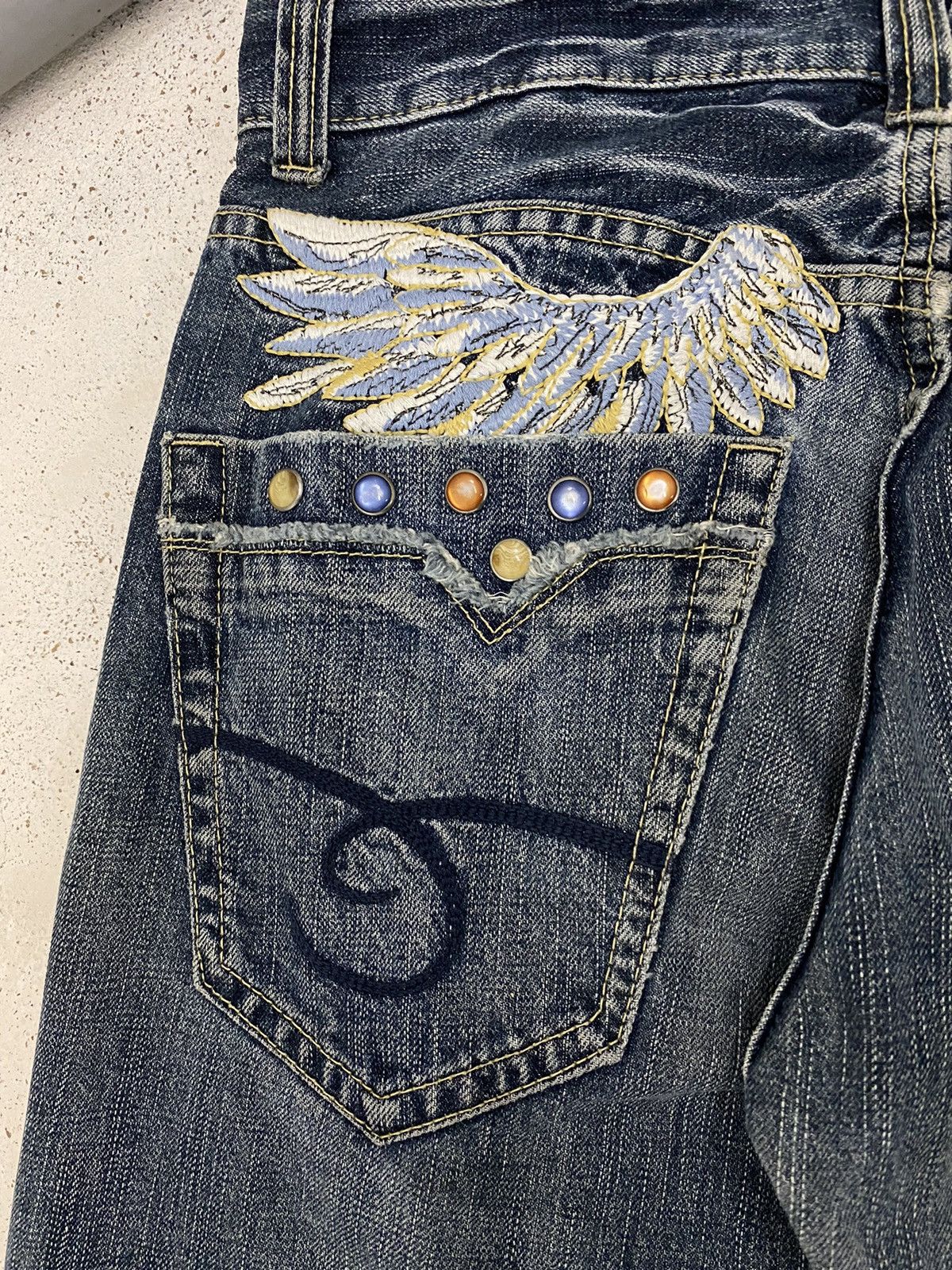 Japanese Brand Winger Japan Patch Embellishments Blue Way Distressed Jean Size US 31 - 13 Thumbnail