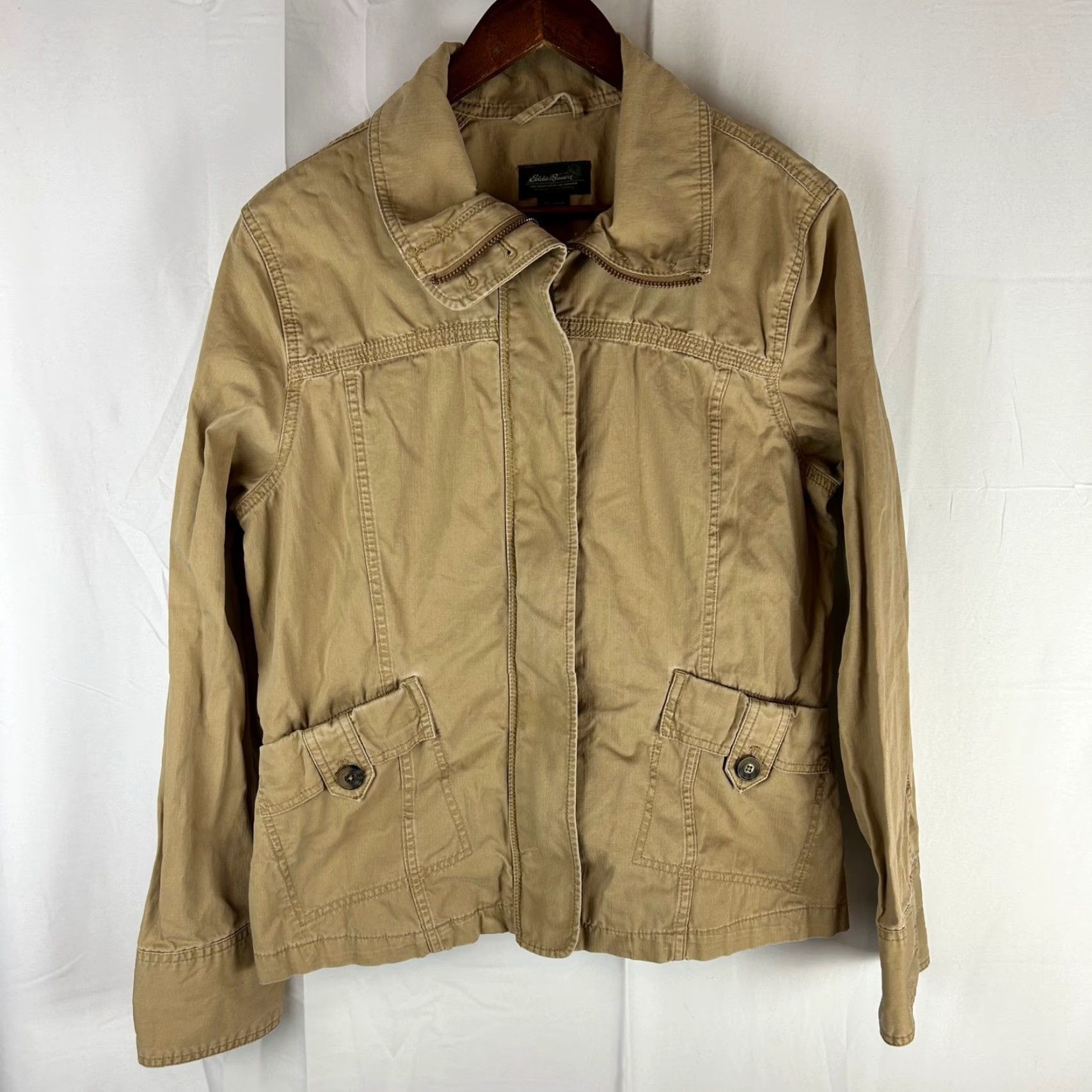 Eddie Bauer Eddie Bauer Womens Utility Jacket Tan 100% Cotton Zip Front Pockets Casual Outdoor Everyday Layering Size L Beige Size L / US 10 / IT 46 - 2 Thumbnail