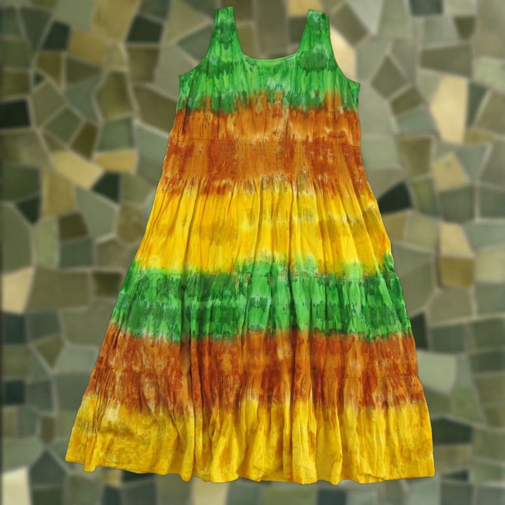 Sunflower VINTAGE FLOWER Dress Maxi Sundress L/XL 100% Cotton Tie Dye Green Yellow Orange Sleeveless Tank Sun Dress Lined Womens Maxi Dress Size L / US 10 / IT 46 - 1 Thumbnail