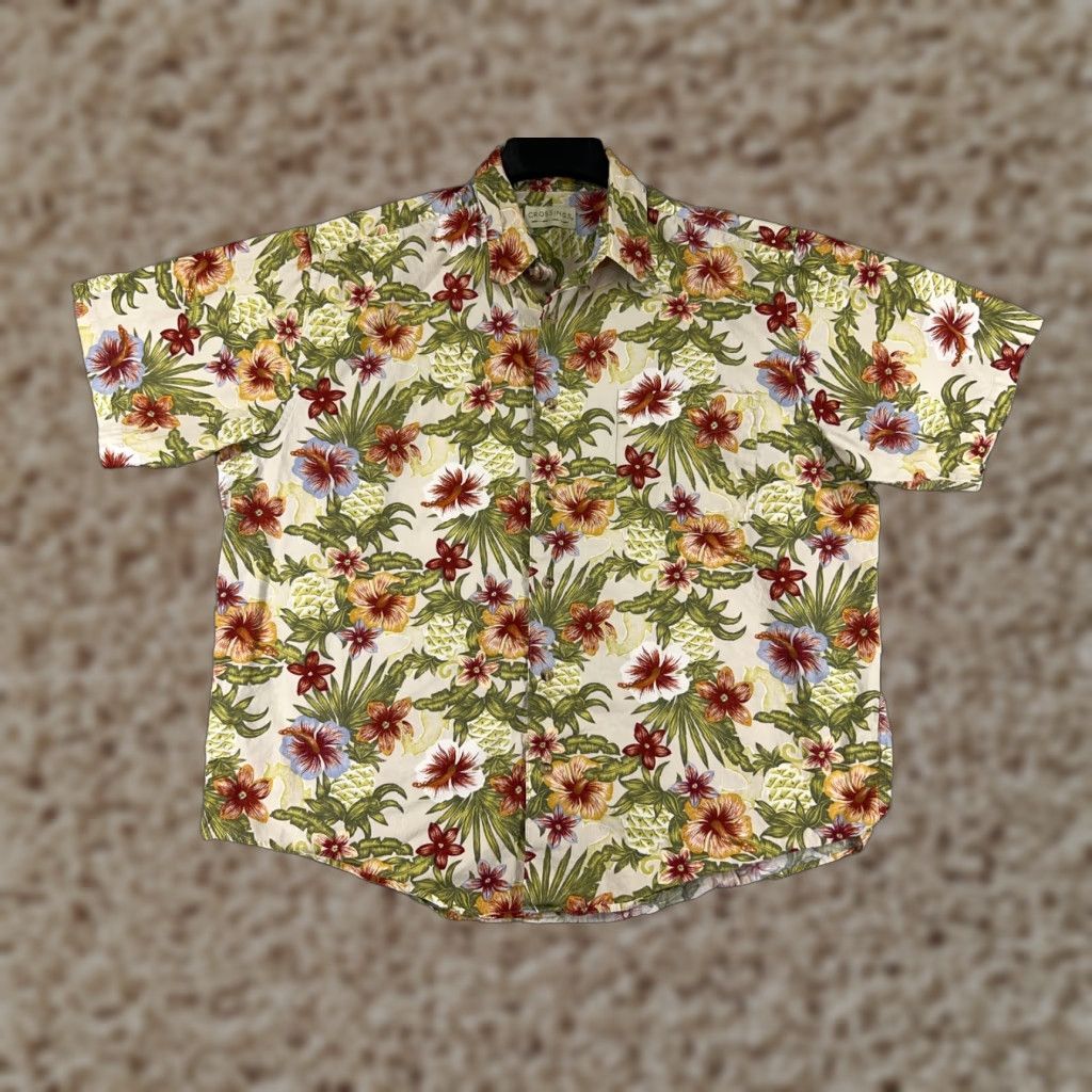 Vintage Crossings Shirt Mens XL Beige Floral Hibiscus Pineapple Plumeria Cotton Size US XL / EU 56 / 4 - 1 Thumbnail