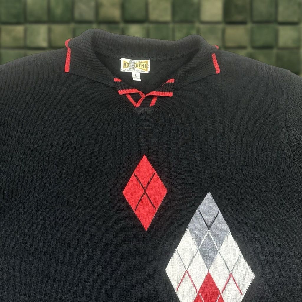 VINTAGE BC Ethic Polo Shirt Mens Large Black TIKI Argyle Rockabilly